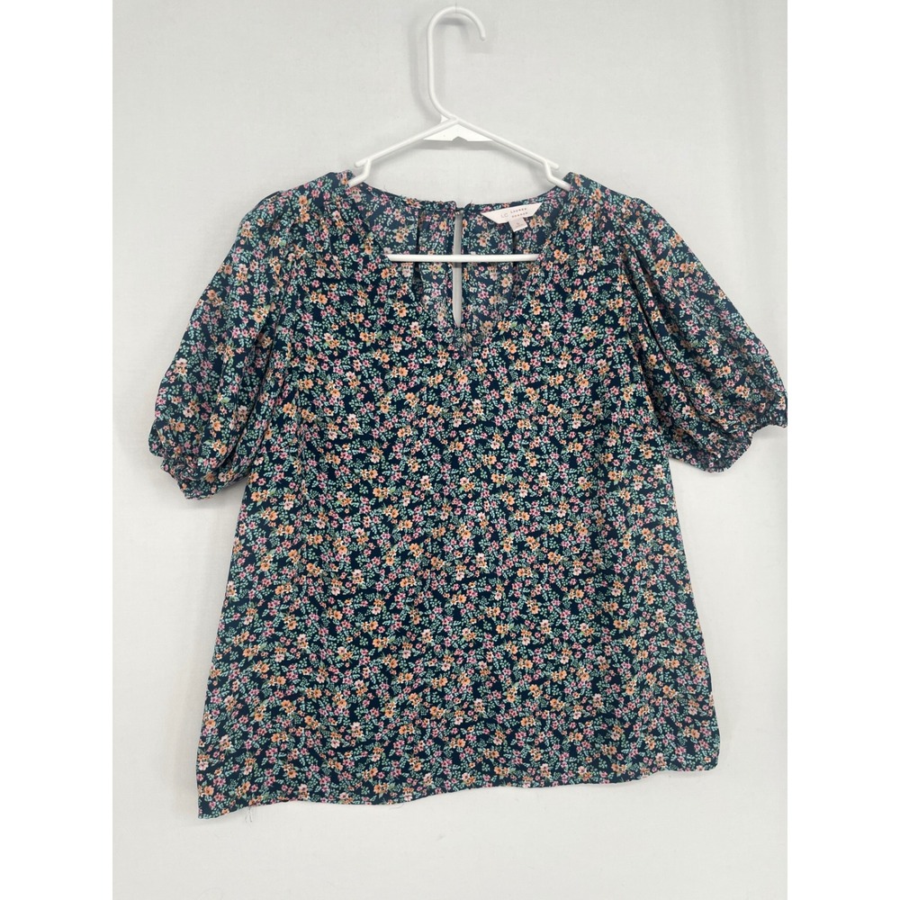 LC Lauren Conrad Floral Puff Sleeve Blouse Navy Blue V-Neck Top Size S